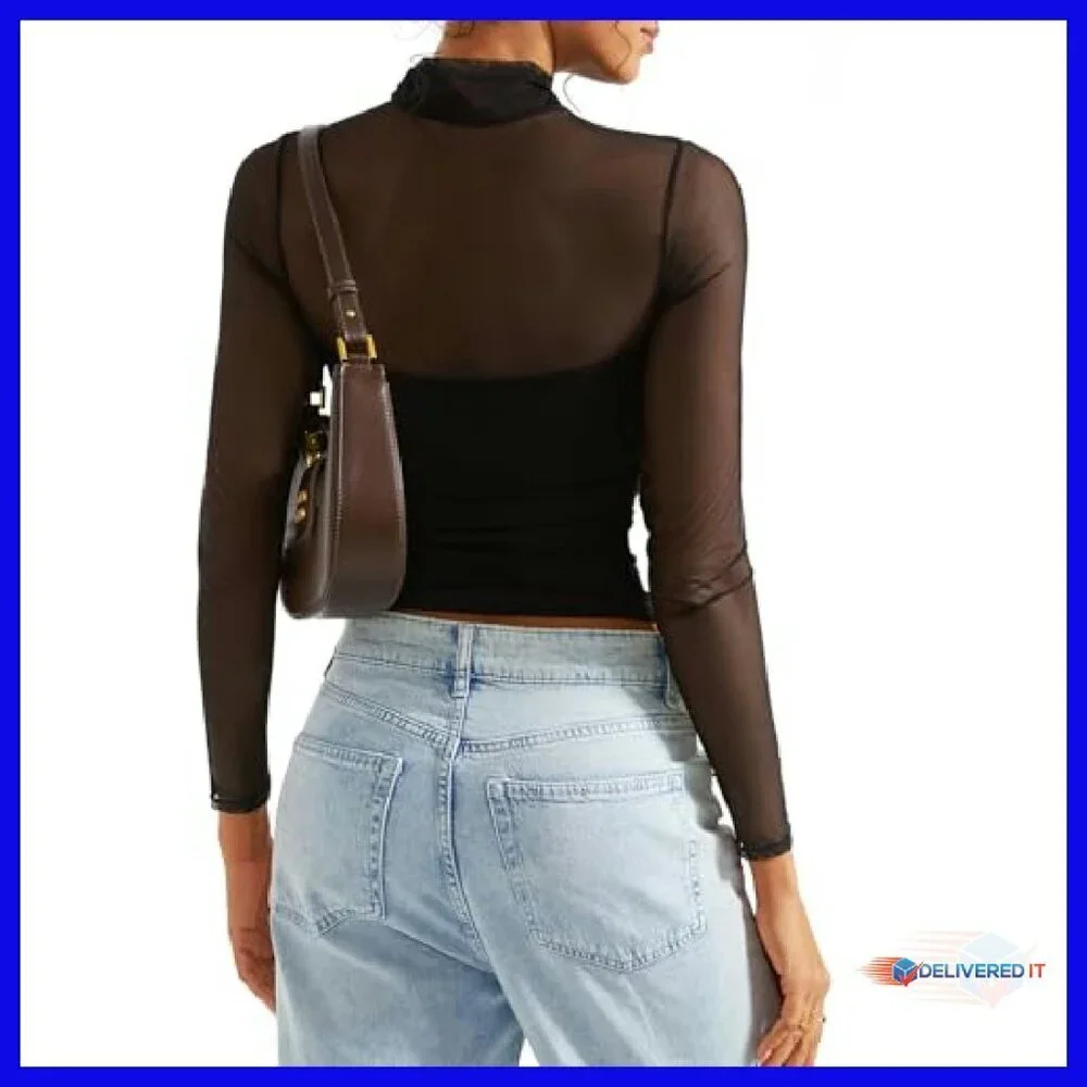 Sheer Mesh Mock Neck Long Sleeve Crop Tank Top - Polyester Spandex - Picture 6 of 8